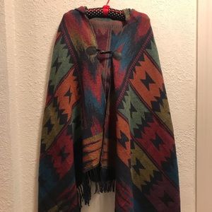 Southwest style print hooded poncho